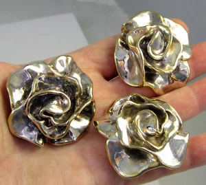 Stunning Vintage HUGE Puffy Sterling Silver Flowers Brooch Pendant Earrings Set - Picture 1 of 5