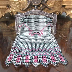 Antique Whiting & Davis El-Sah Art Deco Mesh Flapper Purse Pink Fringe Vtg Metal - Picture 1 of 24