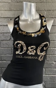 DOLCE & GABBANA Vintage Top schwarz ärmellos gold Pailletten Logo Racerback - Bild 1 von 2