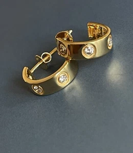 Diamond Earrings  18ct Yellow Gold Half Hoop Stud in 0.35ct Bezel Set You & I - Picture 1 of 16