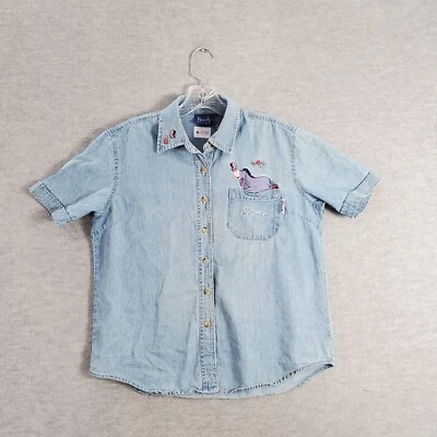 VINTAGE Pooh Women Top Medium Blue Chambray Button Up Denim Eeyore Floral READ - Image 1 of 4