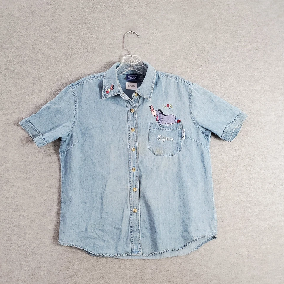 Top vintage Pooh Mujer Medio Azul Cambray Abotonado Denim Eeyore Floral LEER Foto 1 de 4