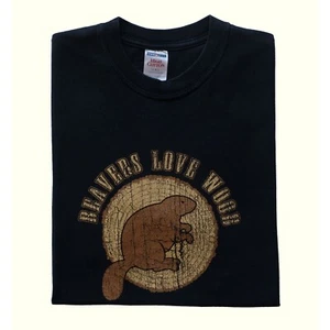 VTG Y2K COMEDY MENS FUNNY JERZEES 'BEAVERS LOVE WOOD' NOVELTY T SHIRT BLACK SZ L - Picture 1 of 3