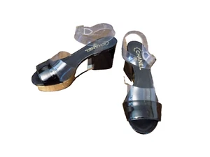 Vtg Rare AUTHENTIC Sold Out CHANEL Black Gold Clear Runway Platform Sandals 6.5 - Picture 1 of 12