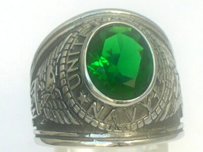 Anillo militar de acero inoxidable con piedra esmeralda verde militar de la Marina de los Estados Unidos para hombre talla 7-15 Foto 1 de 4