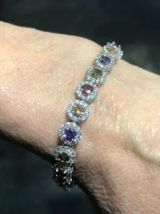 Platinum Sterling Silver Rainbow Sapphire Round Halo Stack Tennis Bracelet 7" L - Picture 1 of 9