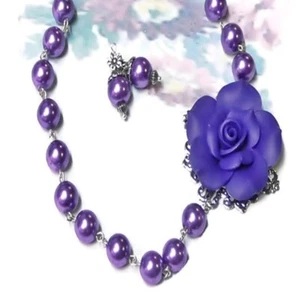 Necklace and earrings set Purple Rose and pearl, bronze, clip on or pierced - Picture 1 of 5