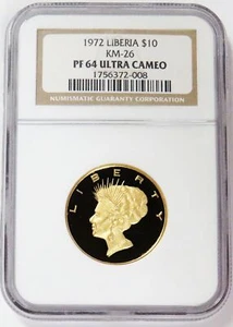 1972 GOLD LIBERIA $10 LIBERTY 100 MINTAGE INAUGURATION NGC PROOF 64 ULTRA CAMEO - Picture 1 of 2