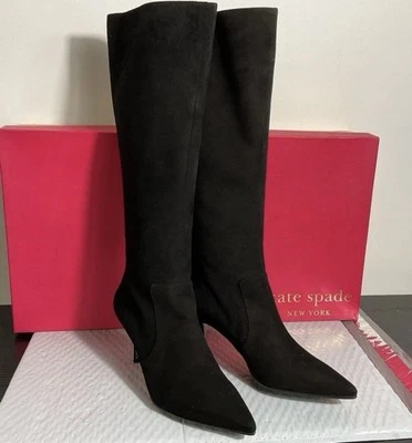 Kate Spade Boots Black Suede Womens Size 9 Knee High  Stiletto Heel Full Zip NEW - Image 1 of 4