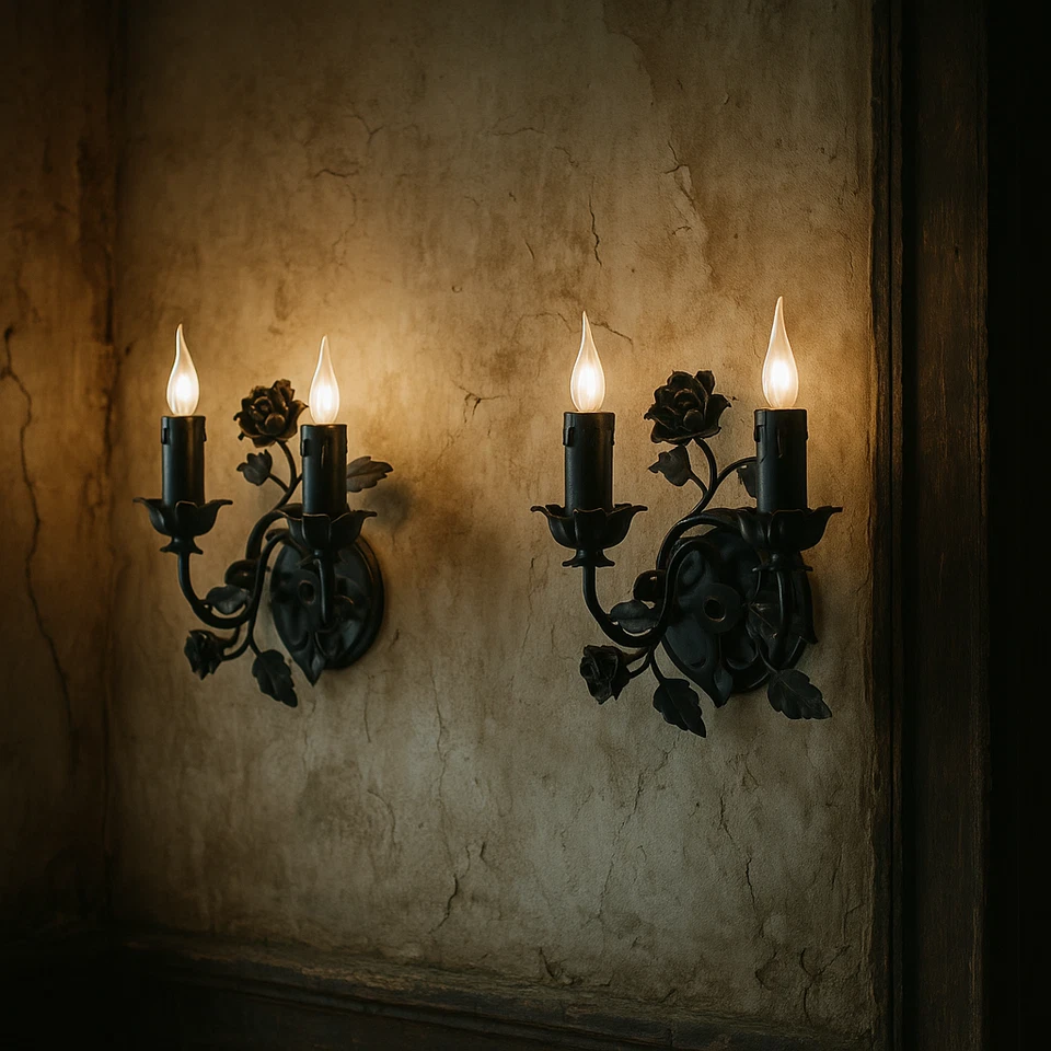 Vintage Wrought Iron Rose Wall Sconces Black Gothic French Tole — Needs Rewiring - Image 1 of 4