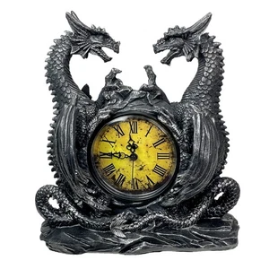 Zeckos Twin Evil Dragons Antiqued Mantel Clock Table Desk - Picture 1 of 7