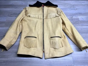 Vintage UBER Owatonna Minnesota Leather Fringe Jacket Faux Fur Collar Tan Size M - Picture 1 of 8