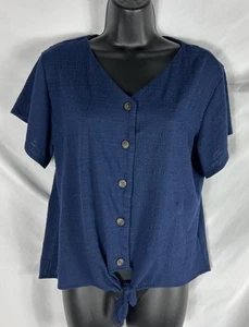 Weatherproof Vintage Top Size L Navy Blue Short Sleeve Button Tie Waist V Neck - Picture 1 of 7