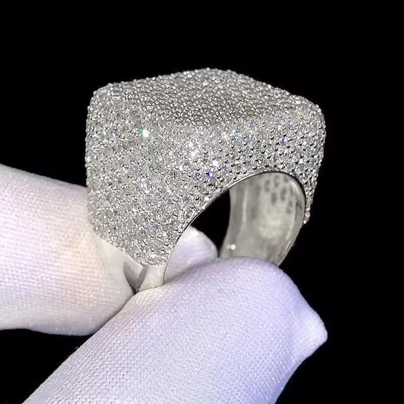 Iced Out Geometric Square Ring 5A CZ Prong Set Hip Hop Bling Jewelry Men Women - Image 1 of 1