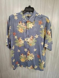 Tommy Bahama Men's Size L Hawaiian Shirt Woman In Bikini Silk Floral Blue Cruise - Picture 1 of 7