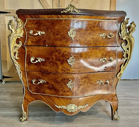 Antique French Louis XV Style Marble Top & Male Female Gilt Mounts Bombe Commode Cover