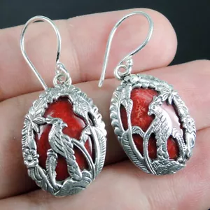 Orecchini in argento sterling 925 con corallo rosso naturale uccellino tropic... - Foto 1 di 7