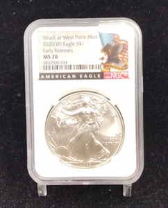 NGC W Eagle 2020 S $1 MS70 lanzamientos tempranos acuñado en West Point como nuevo  - Imagen 1 de 2