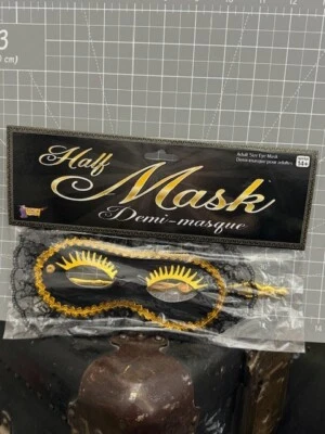 Forum Adult Lace Gold/Black Half Mask With Handle Halloween Costume Accessory - Image 1 of 2