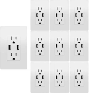 3.1A USB High Speed Wall Charger, USB Outlet, 15A TR Receptacle Wall Plate10pack - Picture 1 of 7