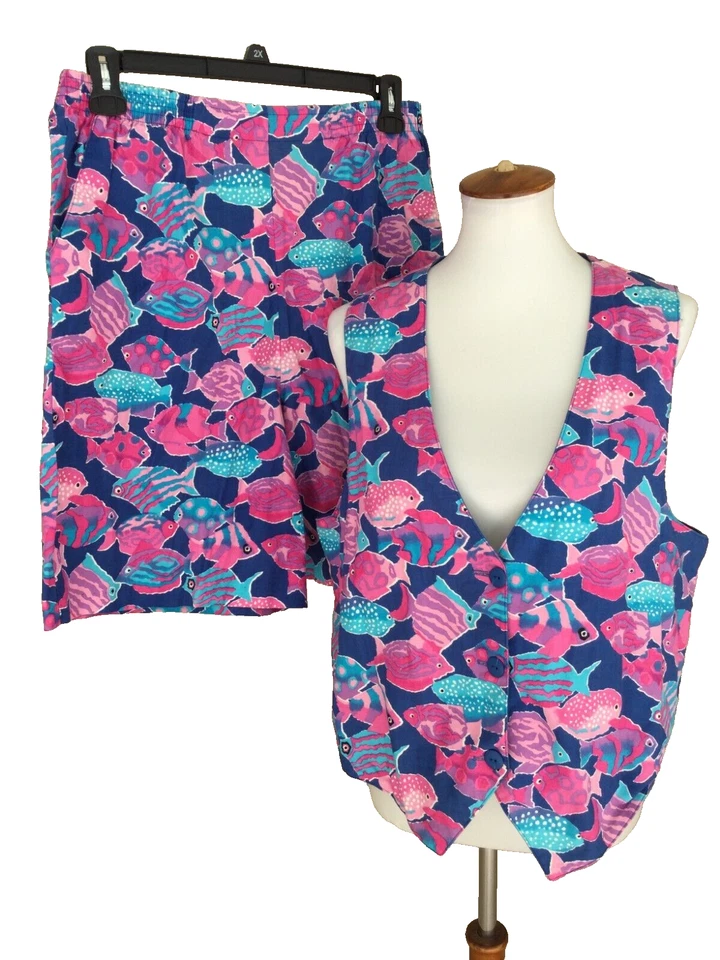 Vintage Linda Tilson Vest Shorts Set 2-Piece Size XL Tropical Fish Art to Wear - Image 1 of 4