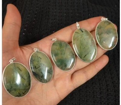 Lote de colgantes bisel 5 piezas enchapados en plata de ley 925 piedras preciosas de prehnita natural Foto 1 de 3