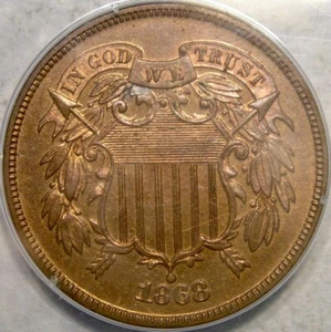 1868 TWO CENT PIECE GORGEOUS TONING RE PUNCH DATE PCGS PF 64 RB RARE OGH RATTLER - Picture 1 of 6