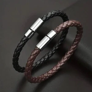 1/2 pcs Mens Real Leather Braided Wristband Bracelet Stainless Steel Magnetic 6m - Picture 1 of 4