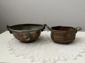 2 Small Vtg Copper Buckets #1-W/ Metal Handle #2-W/ 2 Handles Rustic Decor - Picture 1 of 12