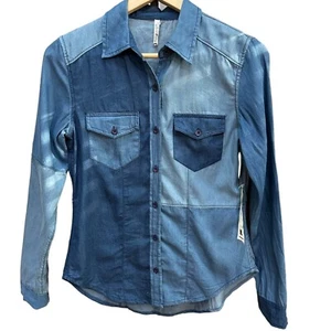 NWT Willow & Clay Patch Chambray Denim Button Down Boho Hippie Shirt Size M - Picture 1 of 8