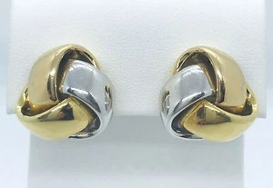 18k Yellow & White Gold Triple Love Knot Omega Clip Pierced Earrings - Picture 1 of 12
