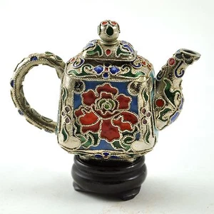 Chinese Cloisonne Miniature Copper Metal Teapot Flower poinsettias - Picture 1 of 3