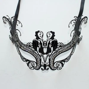 Black Metal Laser Cut Filigree Peacock Mask Masquerade w/ Rhinestones Party Prom - Picture 1 of 3