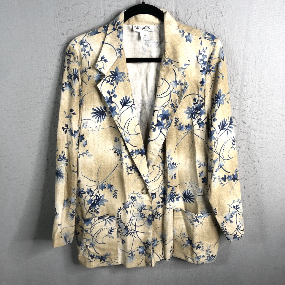 Blazer Briggs Vintage Mujer 16 Azul Tostado Floral Mezcla Lino Granny Core Artístico Foto 1 de 4