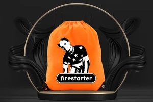 KIETH FLINT (THE PRODIGY) ORANGE DRAWSTRING BAG WITH VINYL IMAGE - Picture 1 of 1