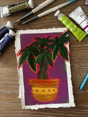 Tarjeta de arte original no ACEO 7x5 árbol de dinero planta gouache pintura en papel firmada Foto 1 de 4