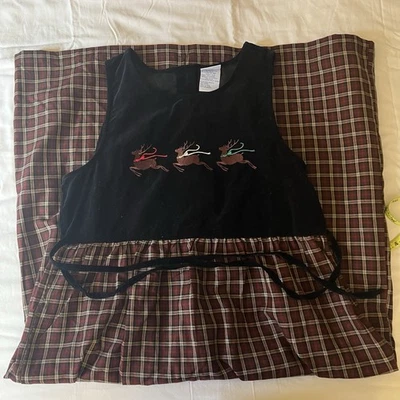 Vintage Bobbie Brooks Holiday Maxi Dress Black Velvet Red Plaid  Reindeer Large - Image 1 of 4