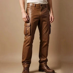 Men's Real Cow Soft Leather Brown Pant Cargo Pocket Trouser Style Pant Hot Bluff - Picture 1 of 3