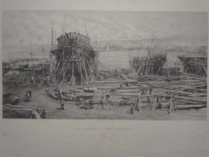 Chantiers du Pharo Marseille France Schiffswerft Radierung Lucien Gautier 1885 - Picture 1 of 4
