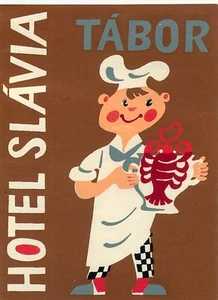 TABOR CZECHOSLOVAKIA HOTEL SLOCAN CHEF WITH LOBSTER VINTAGE DECO LUGGAGE LABEL  - Picture 1 of 1
