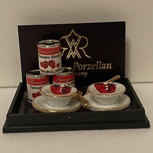Reutter Porcelain Dollhouse Miniature Tomato Soup Set Food Bowls Spoons NIB