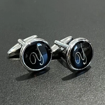 Black Round Name Initial Alphabet Letter Cufflinks Men Birthday Father’s Day Gif - Image 1 of 4