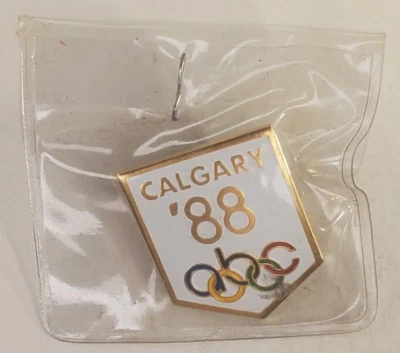 Vintage 1988 ABC Calgary Winter Olympics Enamel Lapel Pinback In Original Bag - Image 1 of 4