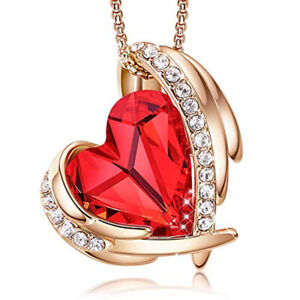 Elegant And Unique Rose Gold Wing Heart-Shaped Red Zircon Pendant Necklace Gift