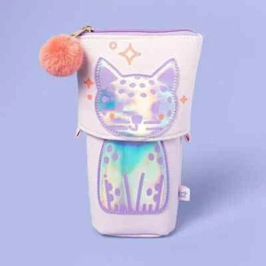 Pastel Pink Kitty Cat Pencil Pouch Flexible with Pom Pom Charm Pencil Pouches - Picture 1 of 3