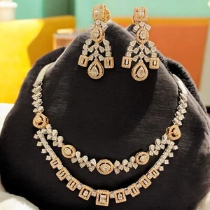 Herrlich 5,98 Cts Runde Baguetteform Diamanten Halskette Ohrringe Set 14K Gold - Bild 1 von 14