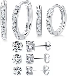 Hoops Huggie Stud Earrings Set 14K White Gold Plated Cubic Zirconia for Women - Picture 1 of 7