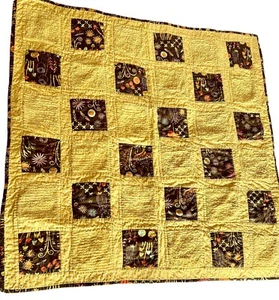 MCM Handmade Baby Quilt Yellow Chenille & Floral Blocks Used - Picture 1 of 4