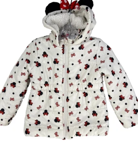 Disney Puffer Jacket Girls 6X White Minnie Mouse Sherpa Lined Zip-Up Hooded Ears - Picture 1 of 22