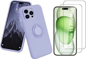 Coque Silicone Pour iPhone 15 Pro Max Couleur Violet Avec Anneau Support + 2 Ver - Photo 1 sur 4